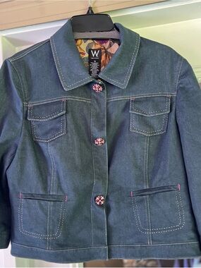 W Work to Weekend Blue Denim Jacket with Pink Jewel Accent Buttons